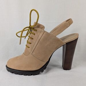 Jenni Kayne Tan Suede Lace Up Slingback Heels Lug Sole Made in Italy Size 40